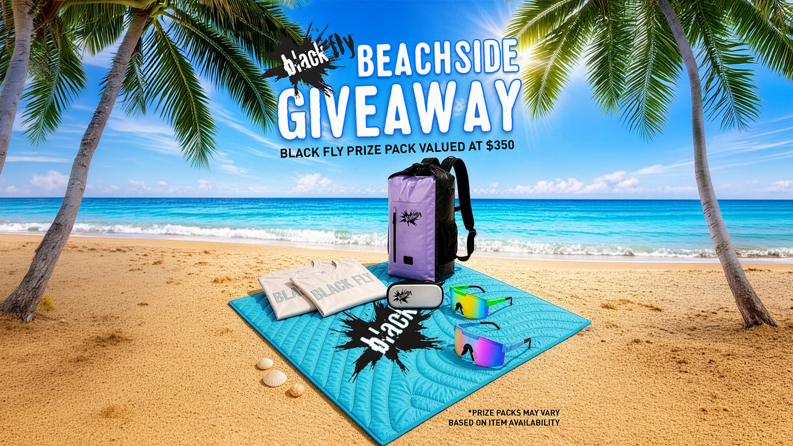 Black Fly Beachside Giveaway promotional image featuring image of prize package on the beach