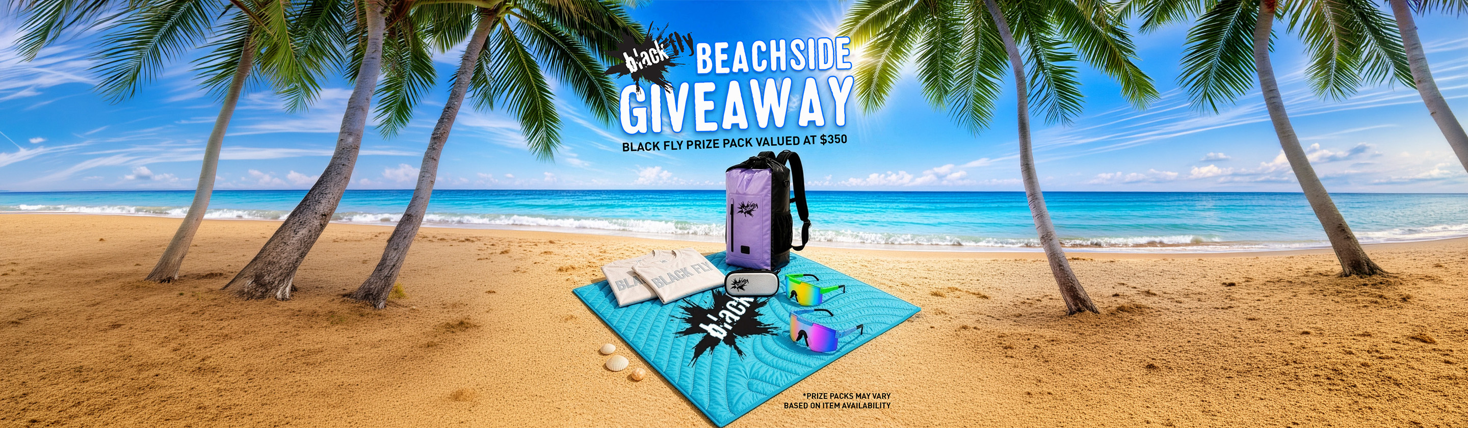Black Fly Beachside Giveaway promotional image featuring image of prize package on the beach