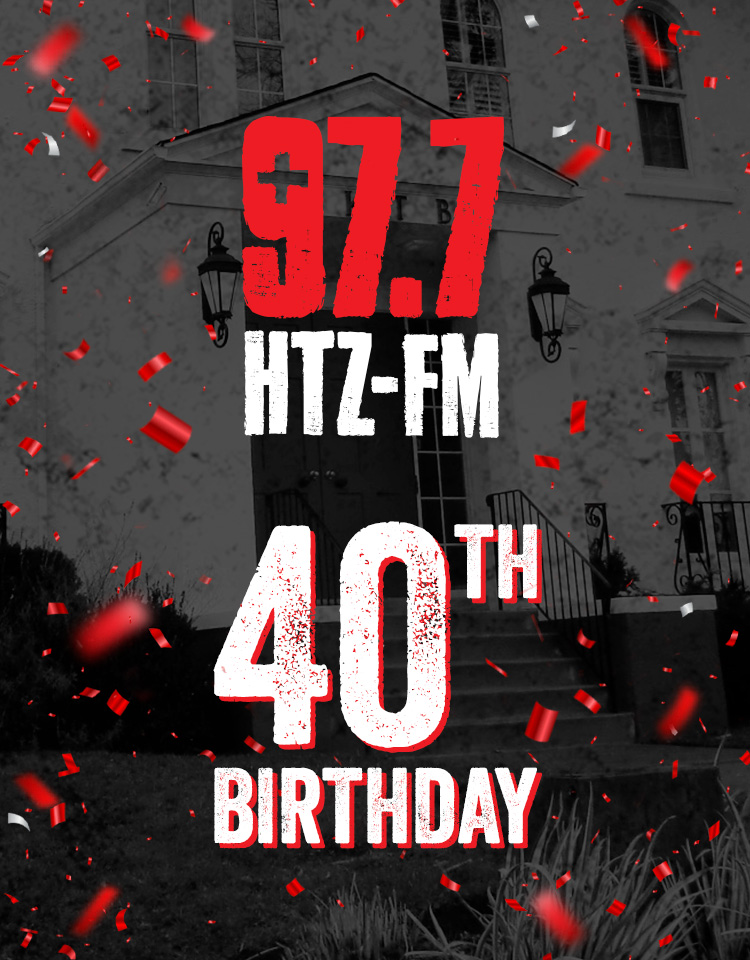 HTZ-FM’s 40th Birthday promo image with HTZ logo and red confetti