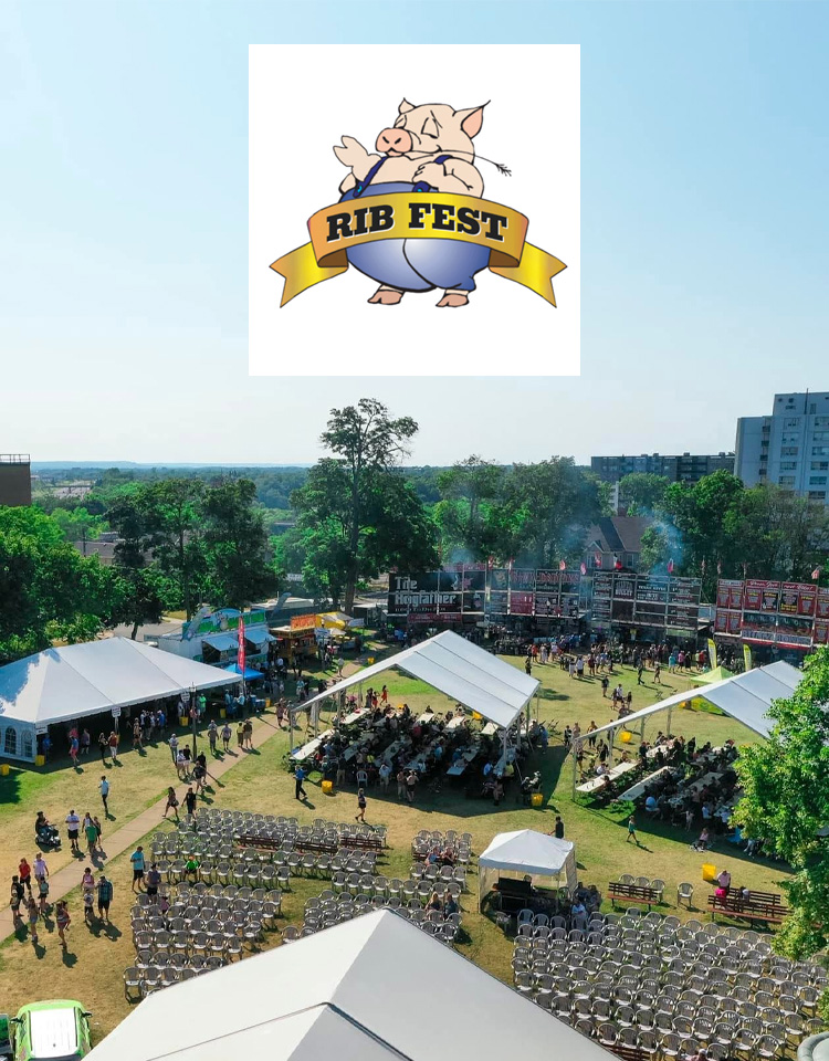 Image looking down on St. Catharines Rotary Ribfest outdoor event with shade tents and rib vendors