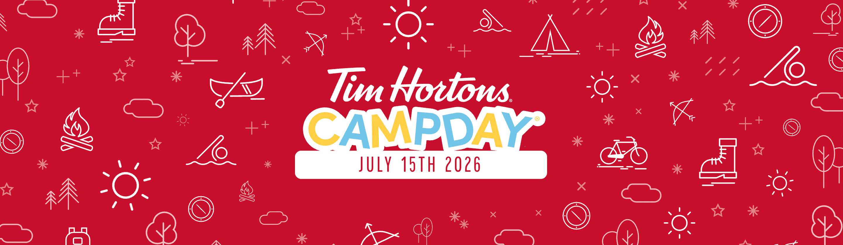 Tim Hortons Camp Day logo on red background with camp themed white doodle art