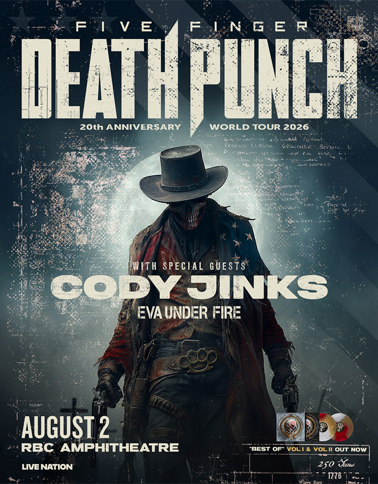 Five Finger Death Punch promotional image featuring cowboy skeleton artwork