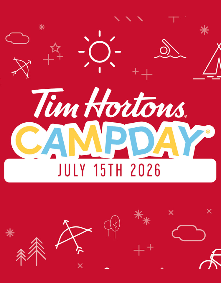 Tim Hortons Camp Day logo on red background with camp themed white doodle art